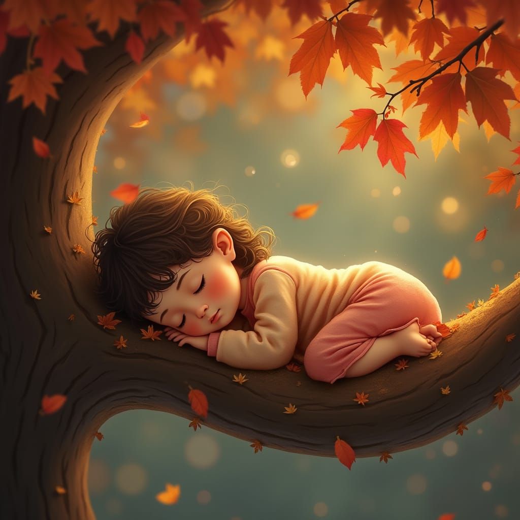 Autumn Scene: Girl Sleeps Peacefully on Tree Branch with Twi...