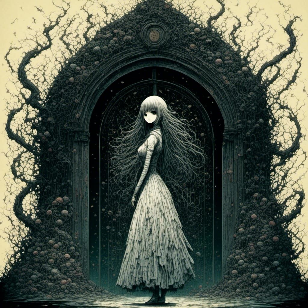 <lora:Insidious:1.0> Sunlit Nightmarescape ,Hitoshi Iwaaki-inspired manga, Blindfolded character in a labyrinth of float...