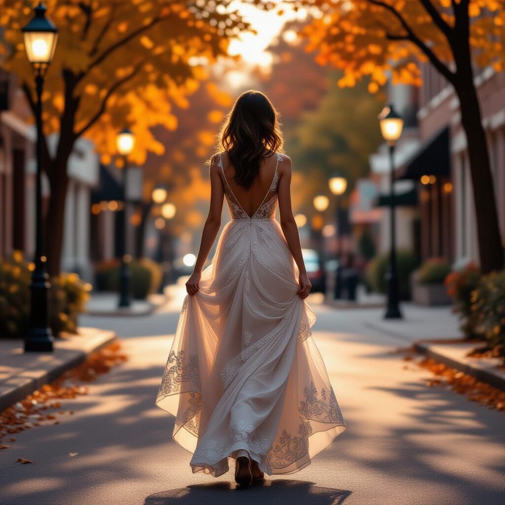 Elegant Woman in Autumn City Dusk Oil Painting