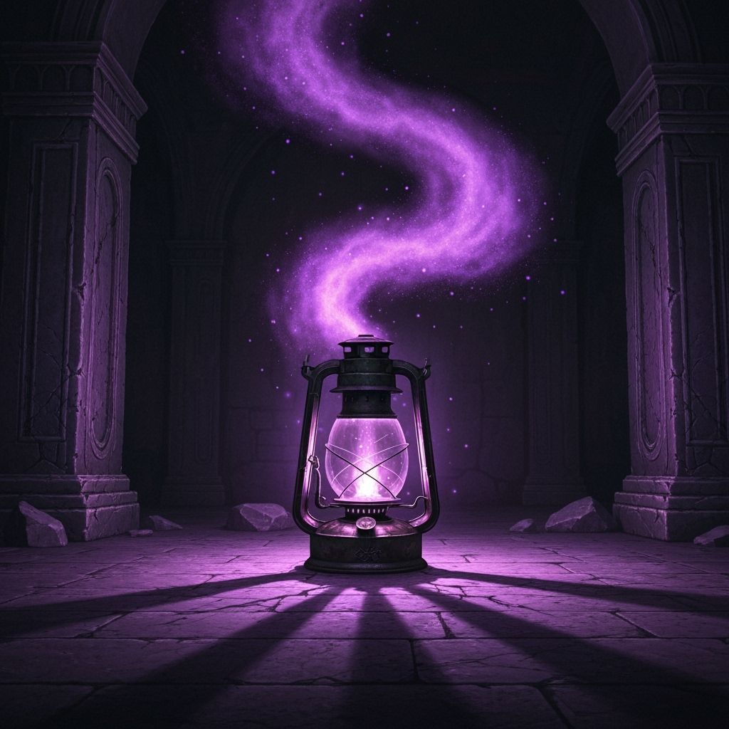 Mystical Violet Dust Escapes Ancient Lamp in Ruined Chamber