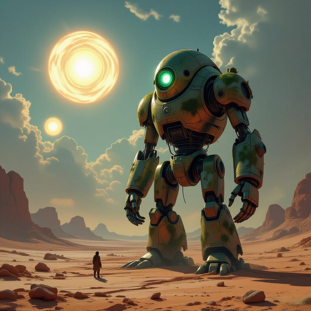 Ancient Automaton in Alien Desert Under Twin Suns