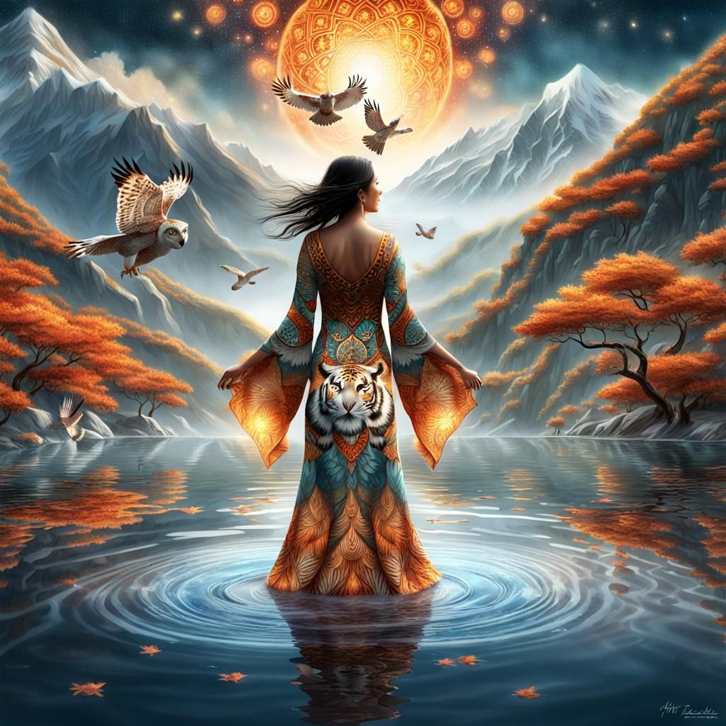 Ethereal Asian Woman with Owls, Tiger, and Bears