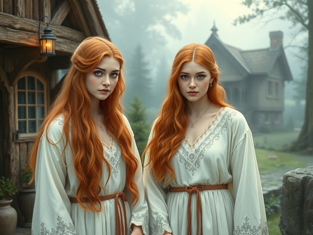 Viking Sisters Stand Before a Mysterious Stranger in an Ethe...