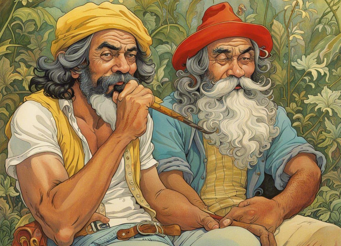 Cheech and Chong Smoking Weed in Watercolor