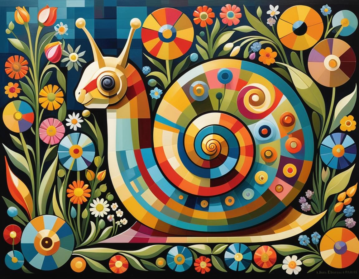 Snail in Cubist Style Amidst Wildflowers