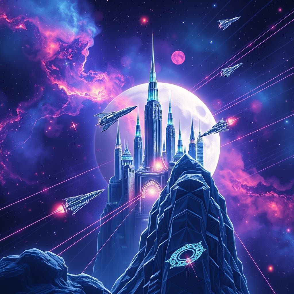 Cyberpunk Lunar Metropolis in a Cosmic Nebula