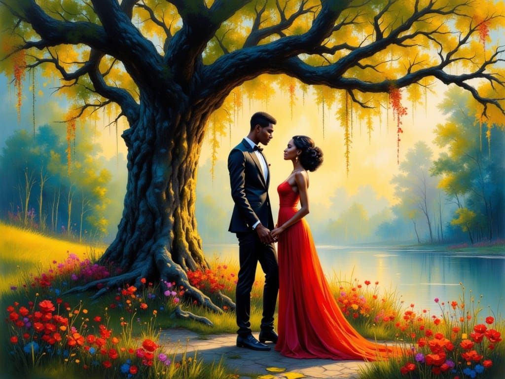 Black Couple in Vibrant Oasis, Digital Watercolor and Impast...