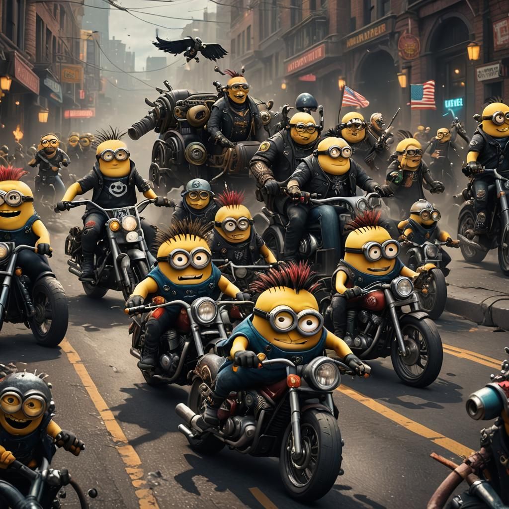 Punk Minions on Harleys: Detailed Matte Painting