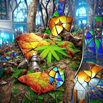 Marijuana Leaf Mosaic in Stained Glass Forest