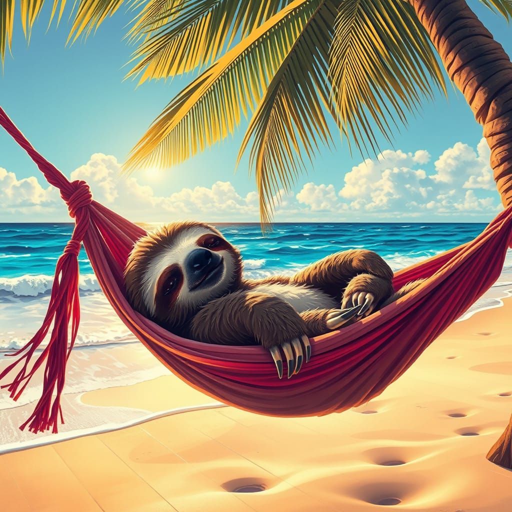 Lazy Sloth Sleeps in Hammock on Tropical Beach