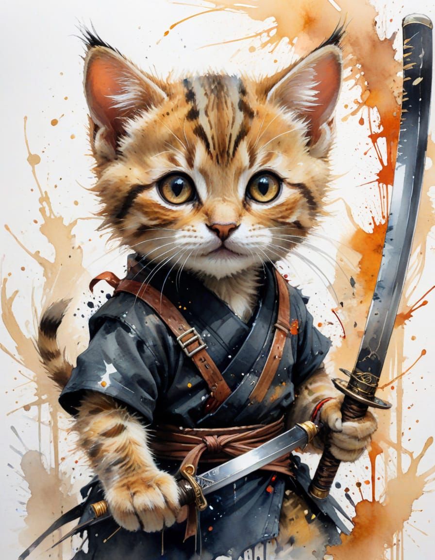 Baby Cat Ninja with Samurai Sword in Watercolour Style