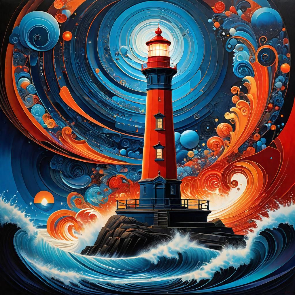 A lighthouse surrounded by images of various water elements 5