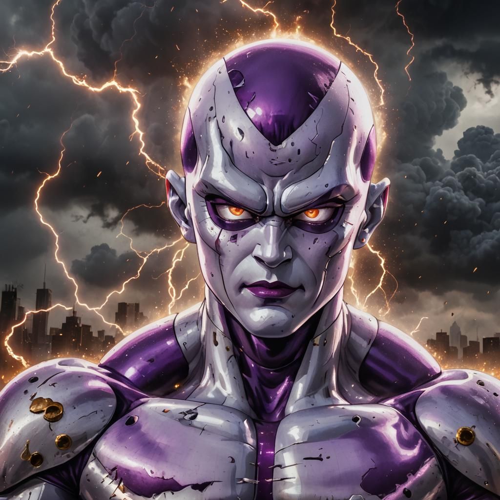 Hyperrealistic Frieza Close-Up in a Destroyed City