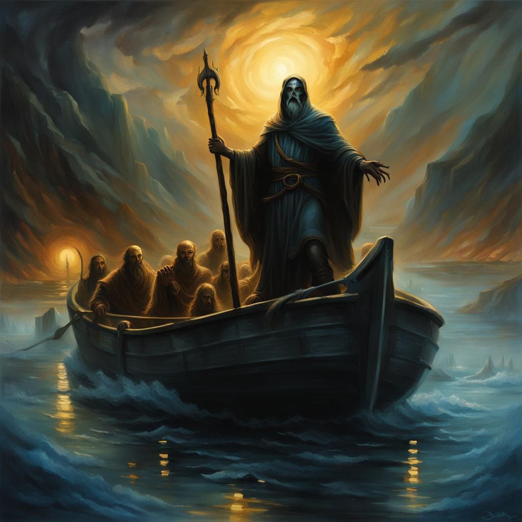 Charon the Ferryman on the River Styx, souls on his ferry