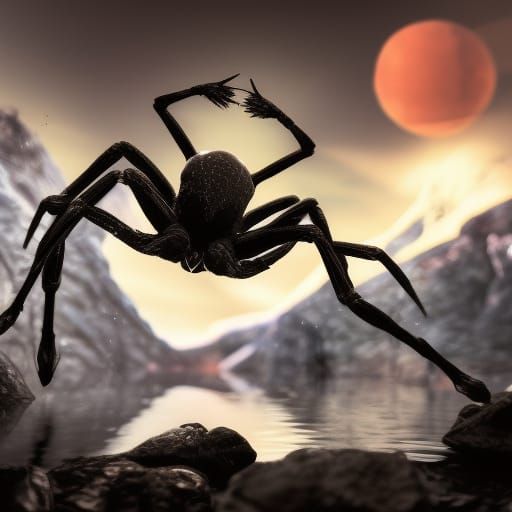 Giant Spider in Lake: Dark Fantasy Concept Art