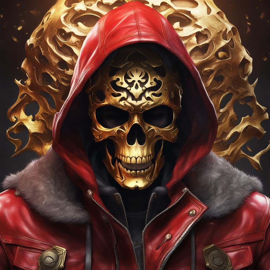 Man in Red Leather with Golden Skull Mask