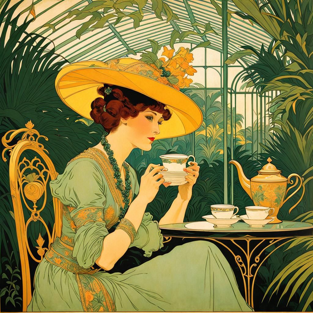 Elegant Lady Drinking Tea, Art Nouveau Lithograph