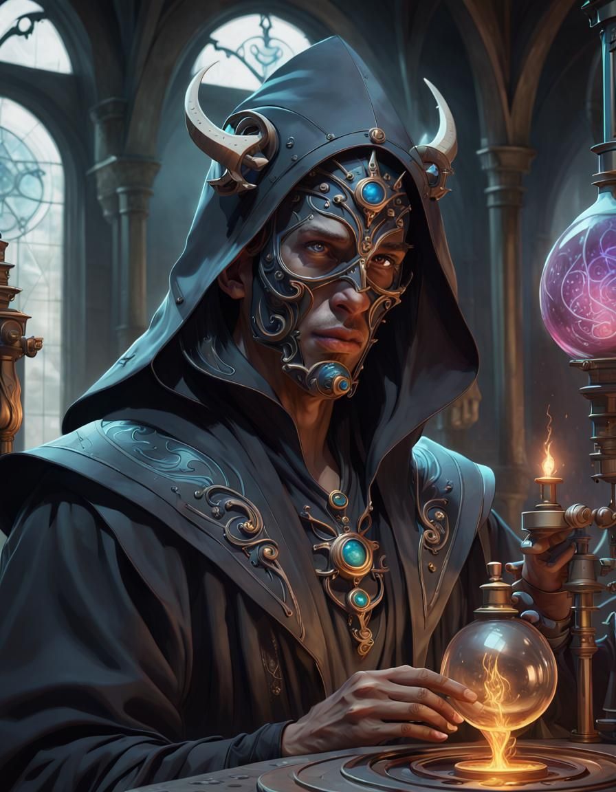 Masked Sorcerer Practicing Dark Arts in Laboratory