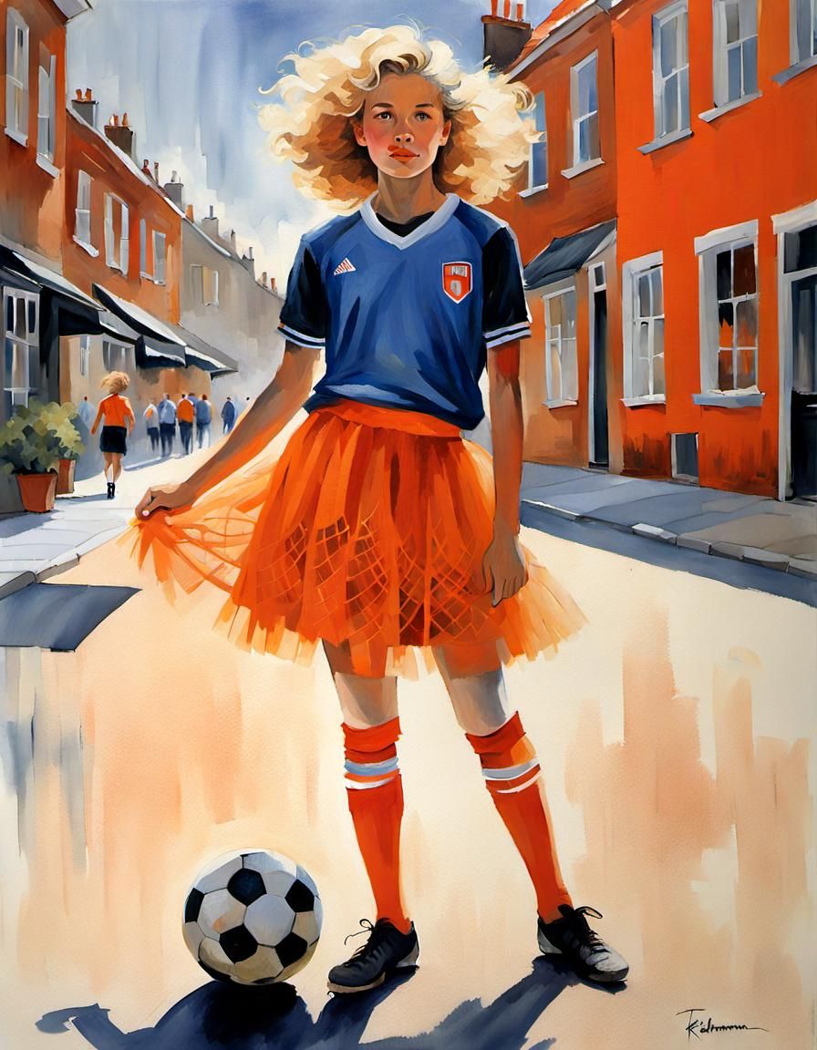 Dutch Soccer Girl in Zaandam, Impressionistic Acrylic Painti...