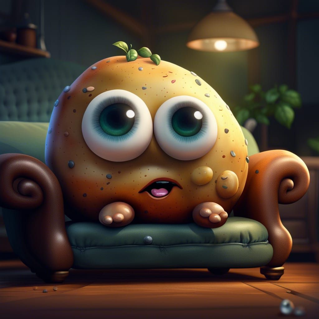 Cute Lazy Potato on Couch: Detailed Matte Painting