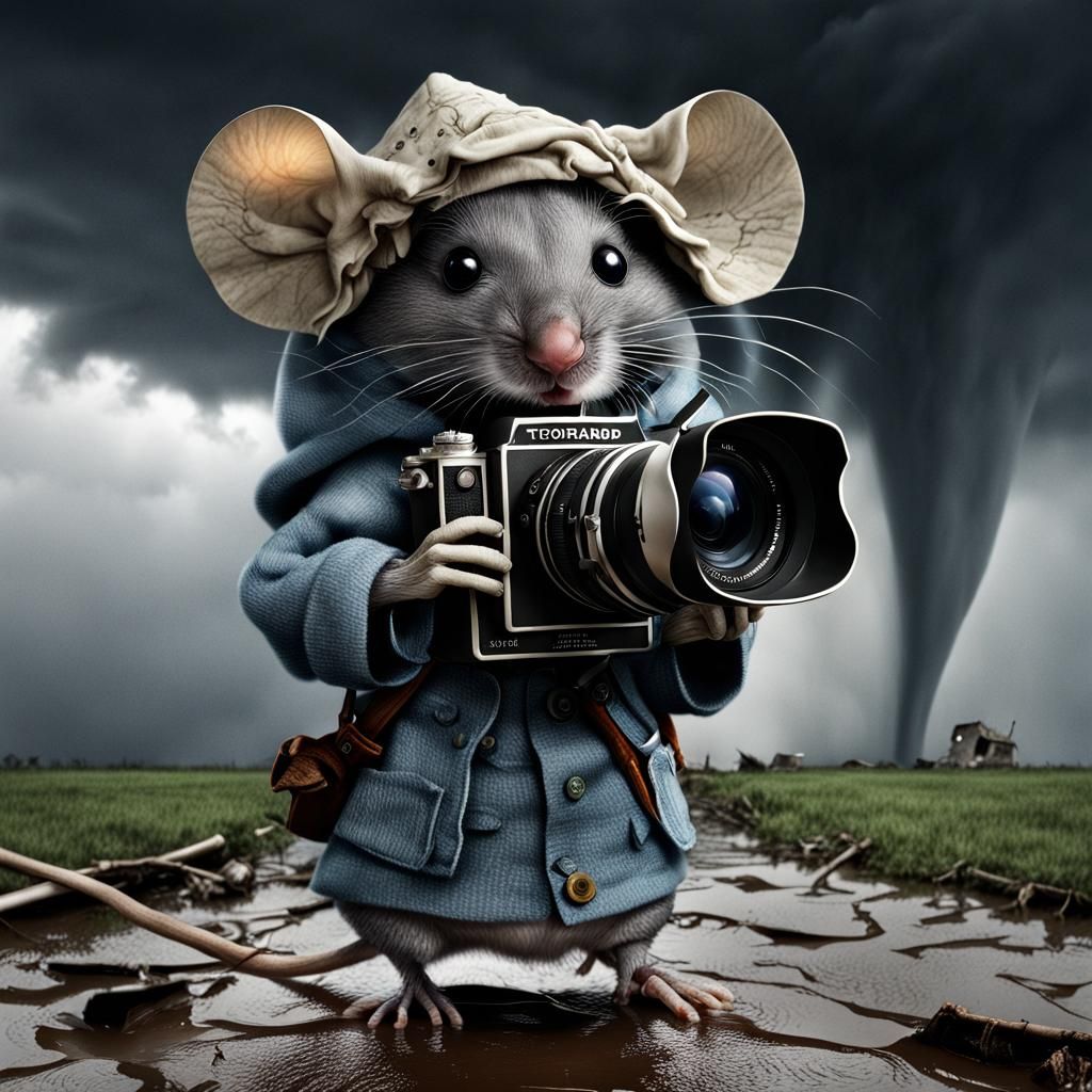 Hyperrealistic Chibi Mouse Photographer Captures Tornado