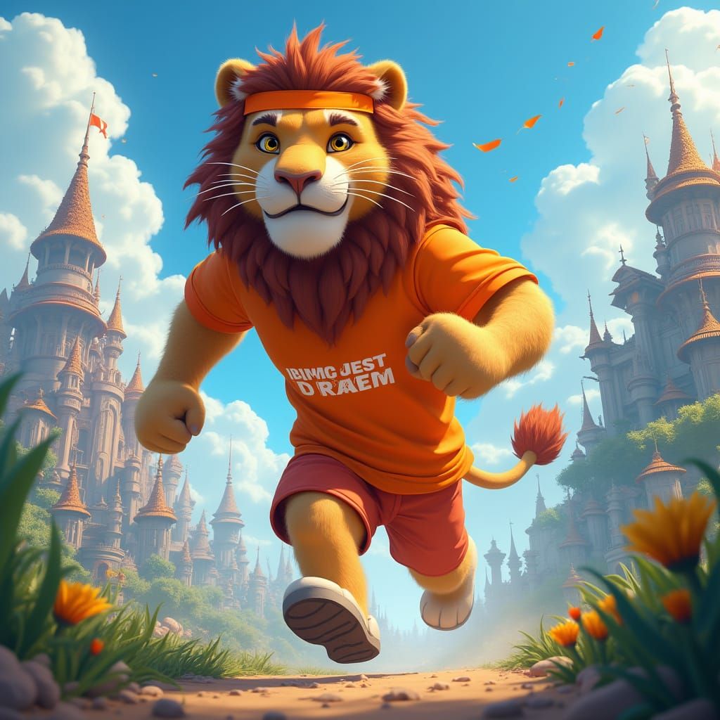 Fantastical Lion Charity Runner in Vibrant Cityscape