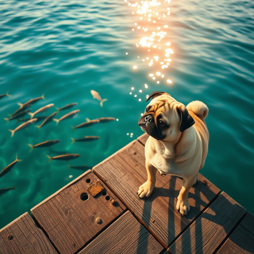 Photorealistic Pug Watches Fish from Dock at Sunset