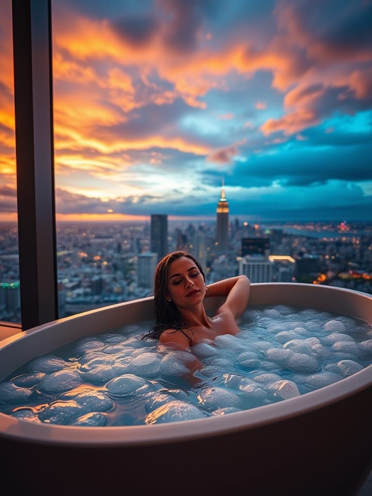 Elegant Woman Soaks in Modern Bathtub with City View