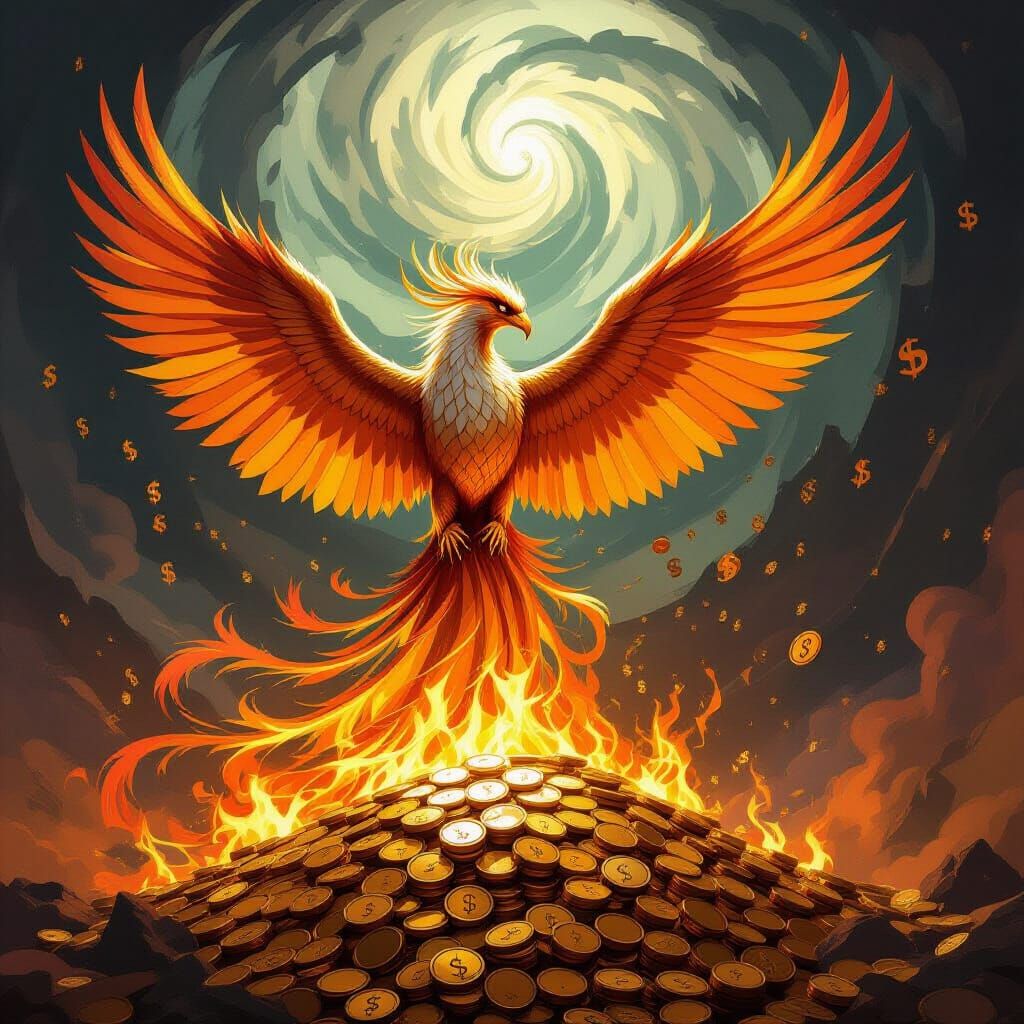 Phoenix Rises from Burning Gold, Feathers of Banknotes