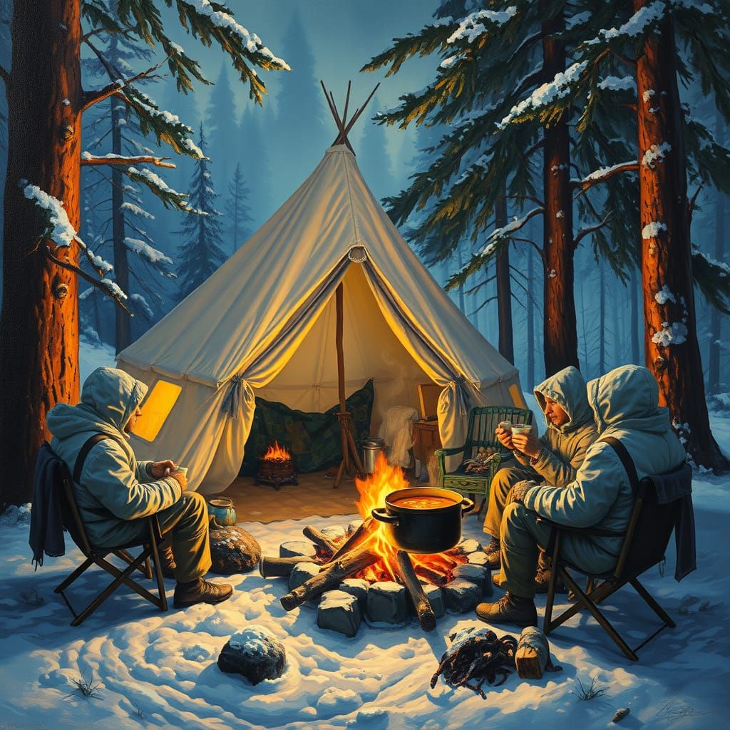 Winter Camp Scene in Vibrant Oil Painting