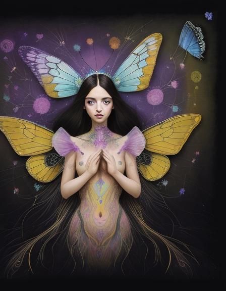 Beautiful woman, long dark hair, detailed face, Beaded dressed in beaded gossamer silk, butterfly wings on her back i...