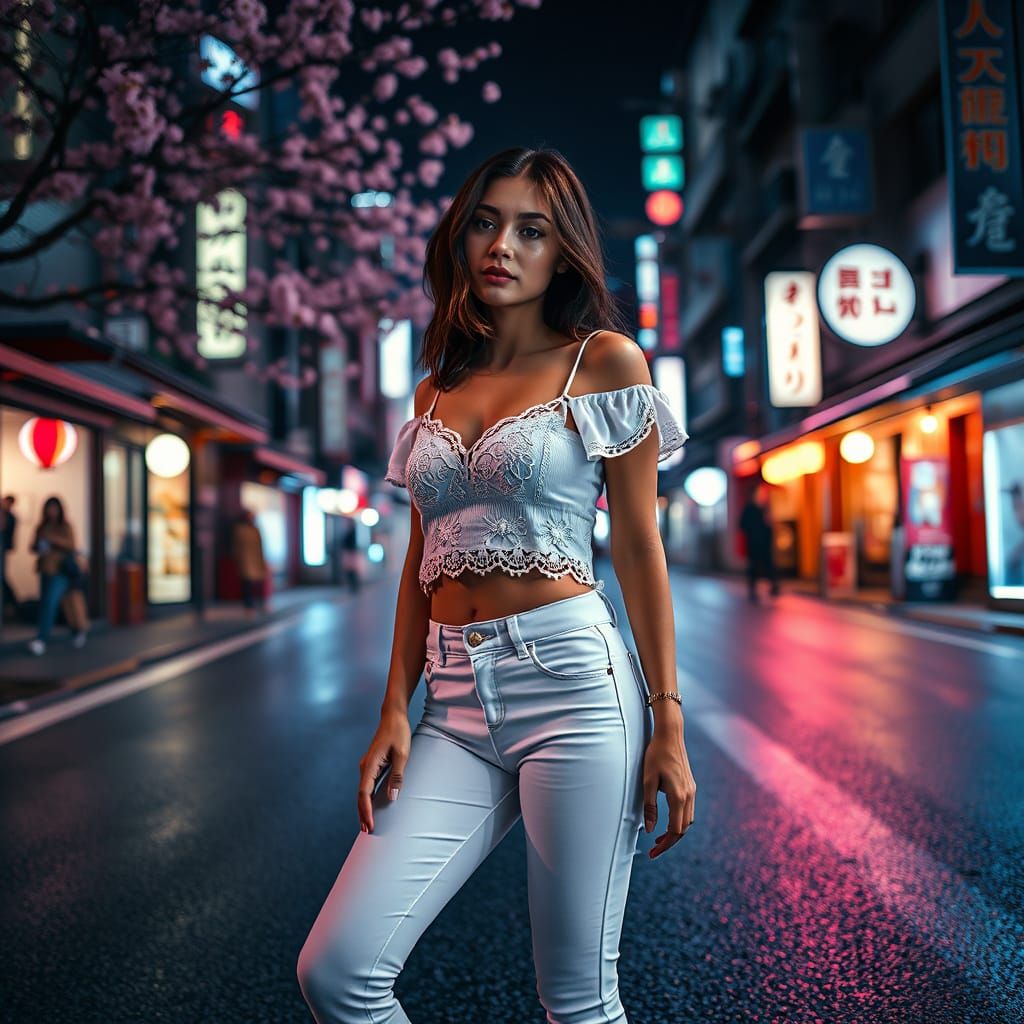 Woman Poses on Tokyo Street in Cinematic Style