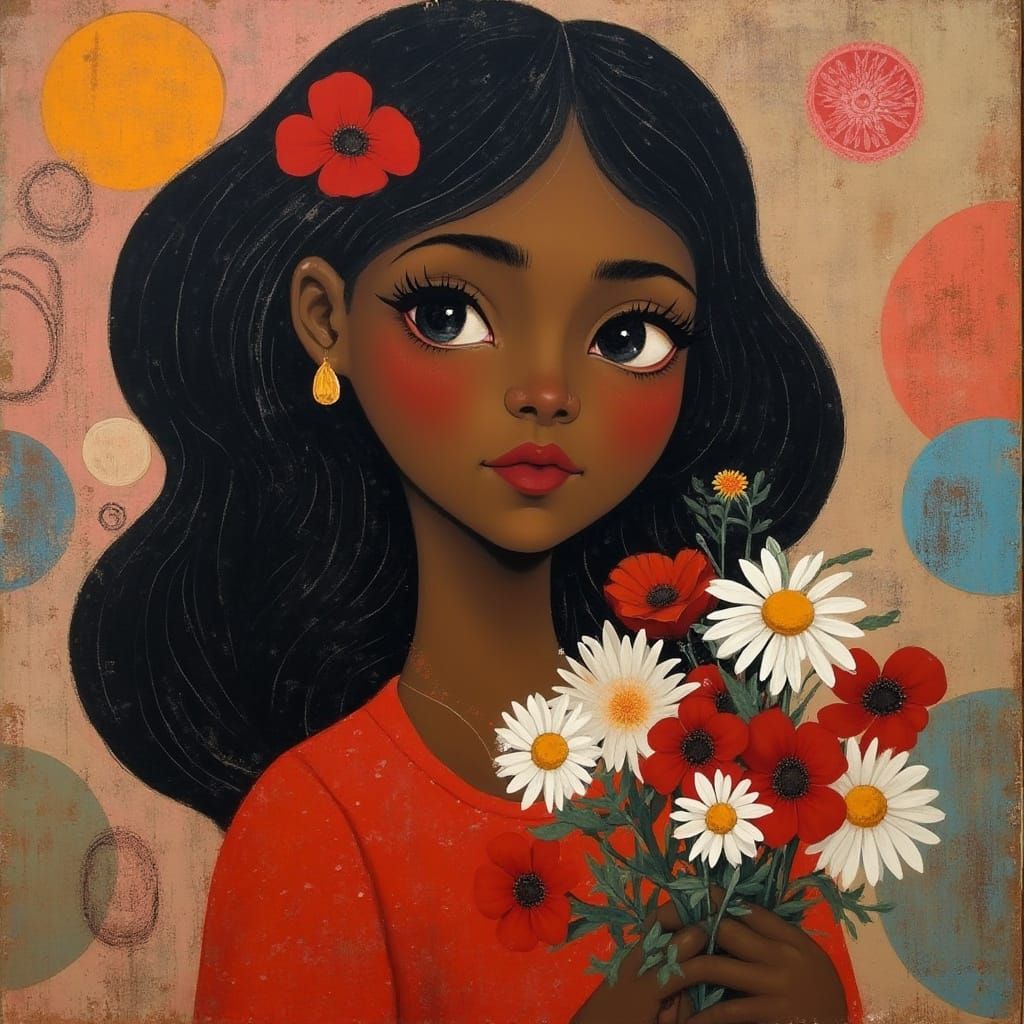 Black Girl with Flowers and Geometric Shapes in Tarsila do A...