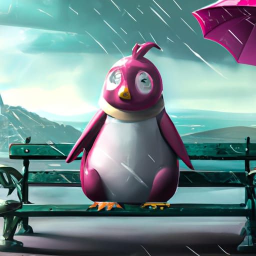 Pink Penguin on Park Bench: Digital Art