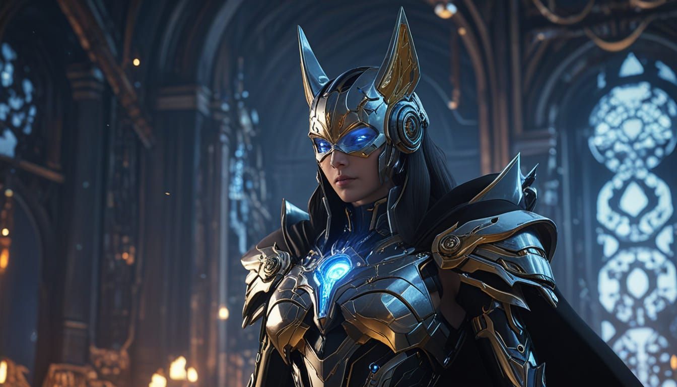 Cyberpunk Archmage in Elegant Robes, Surrounded by Robotic C...