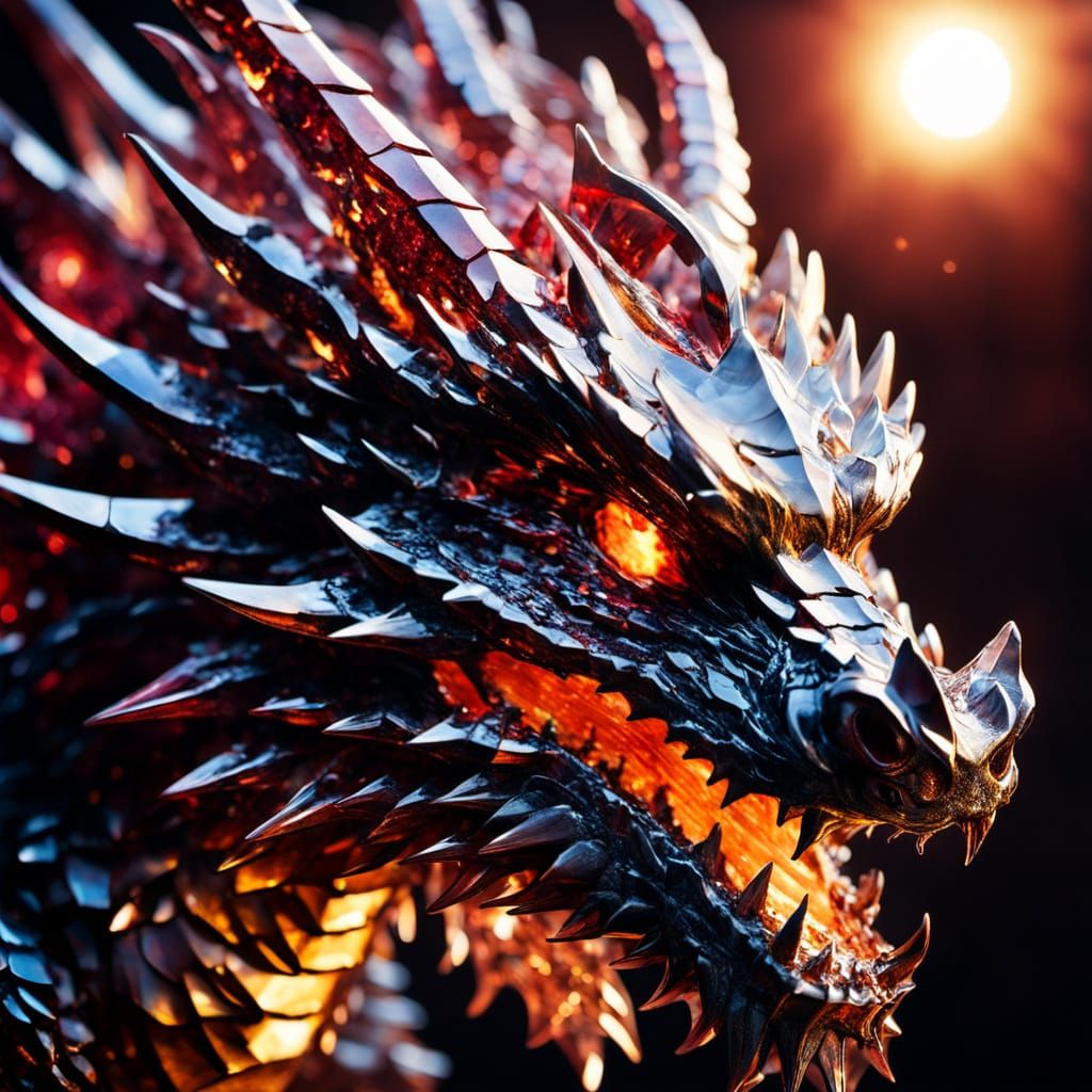 Dragon made out of fluorescent, transparent blood red crysta...