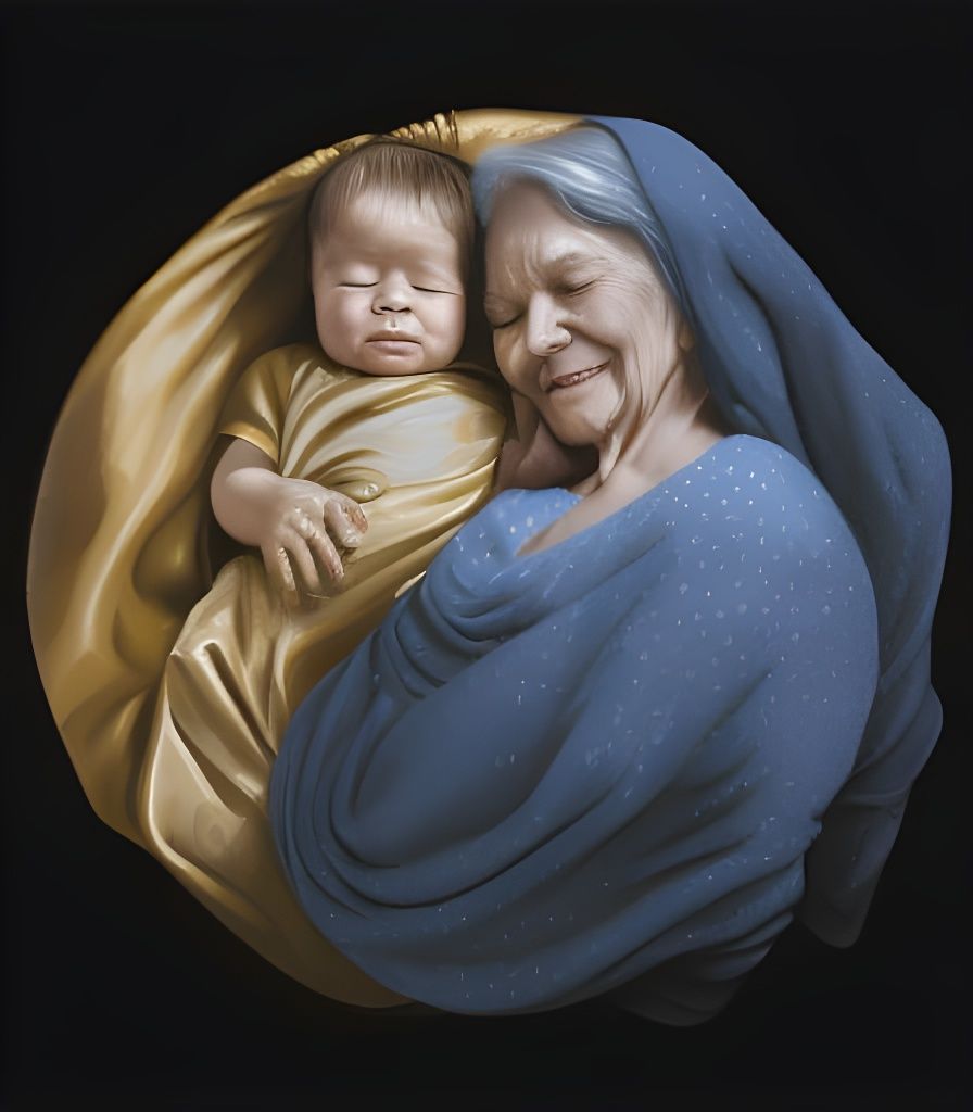 Joyful Great-Grandma and Baby: Detailed Oil Painting