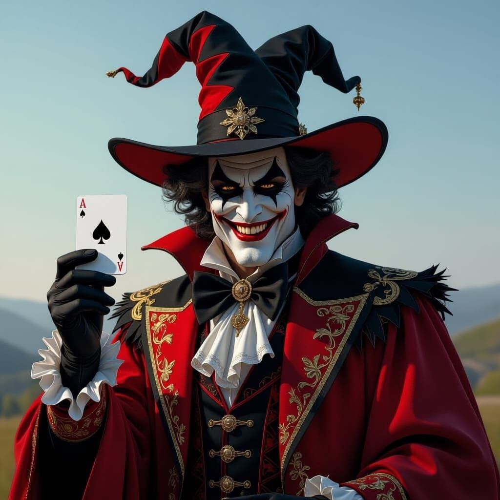 Harlequin Card Sharp with Mad Smile in Chiaroscuro