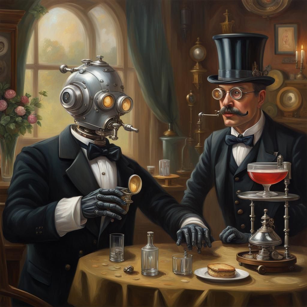 Steampunk Robot Butler Serving Drinks in Victorian Parlor