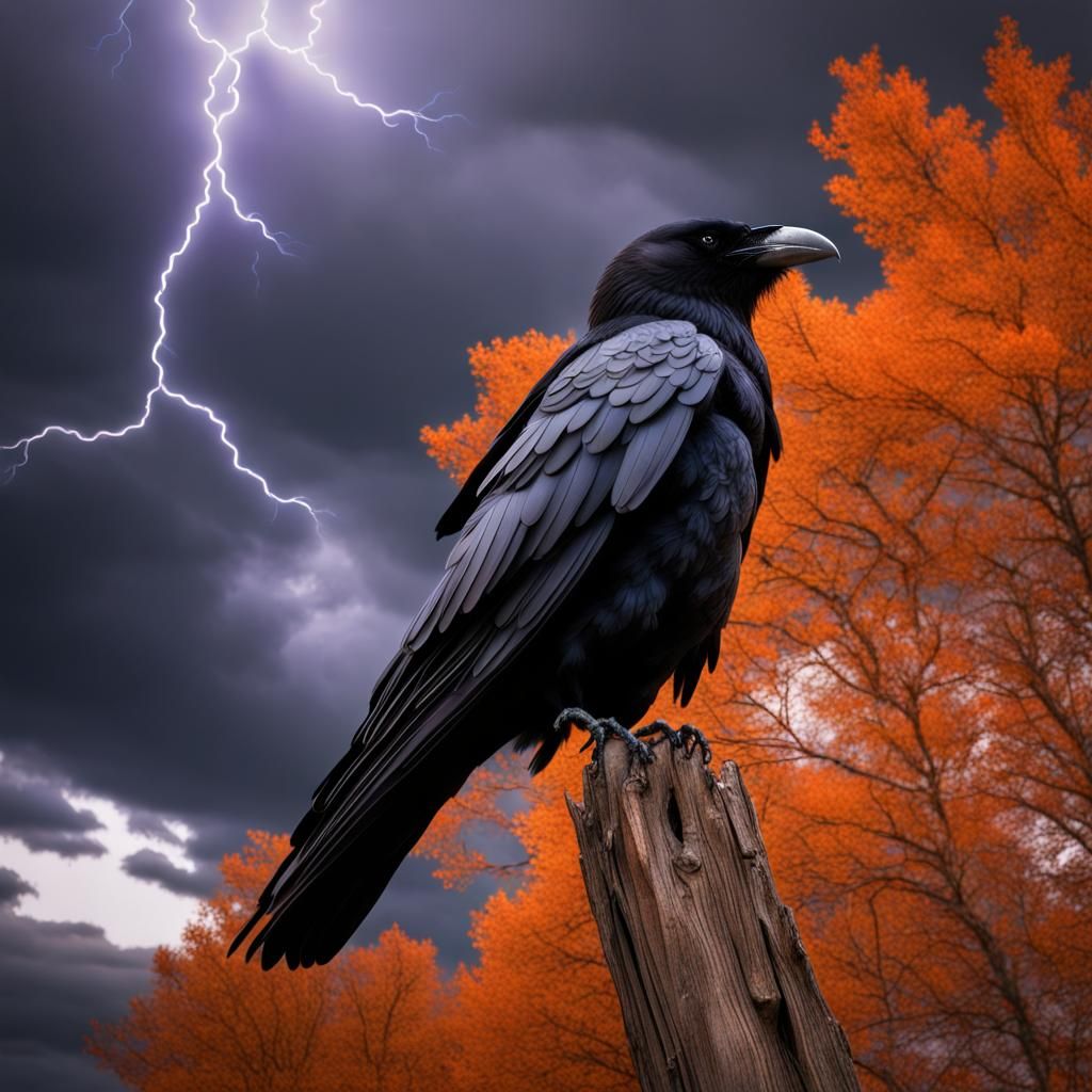 Ominous Raven Totem Under Autumn Lightning