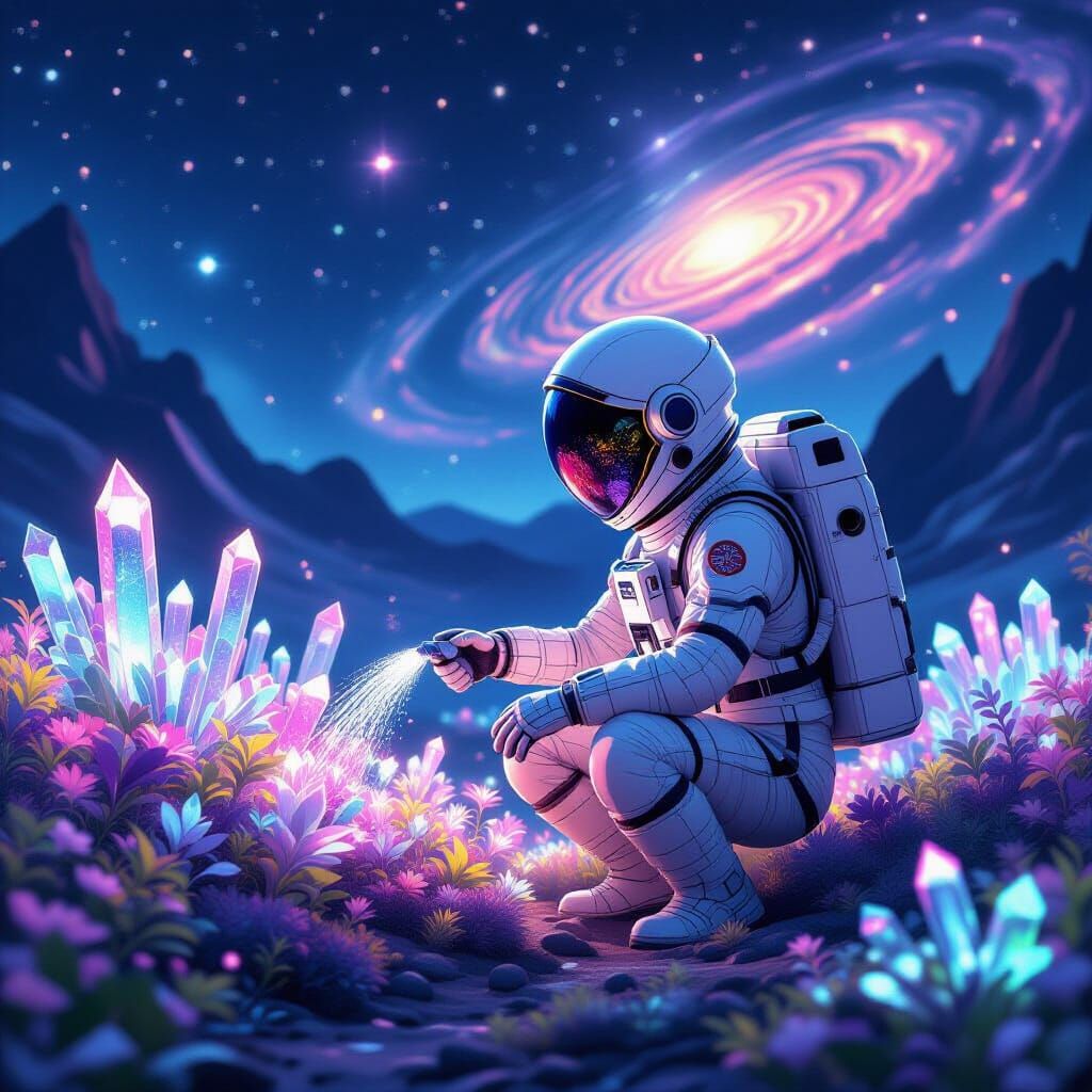 Astronaut Tends Bioluminescent Garden on Alien Planet in Eth...
