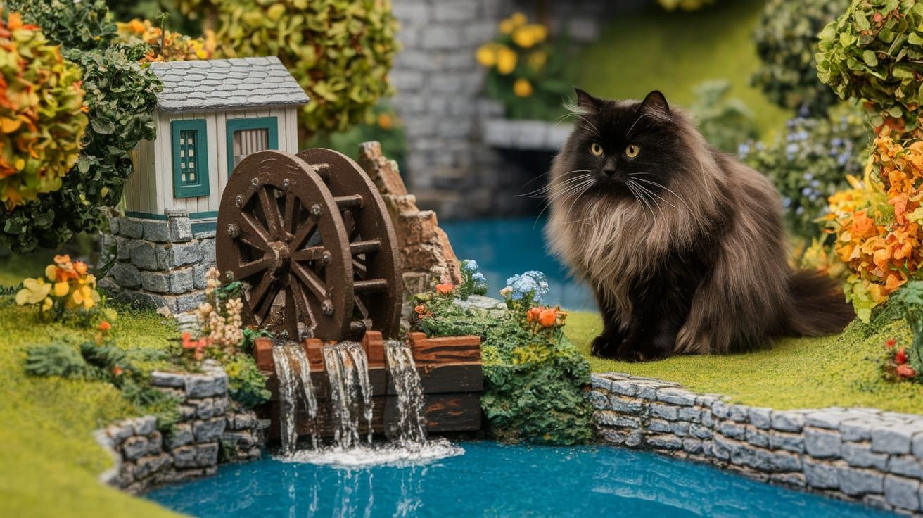 Fluffy Black Cat Guards Waterwheel River Scene