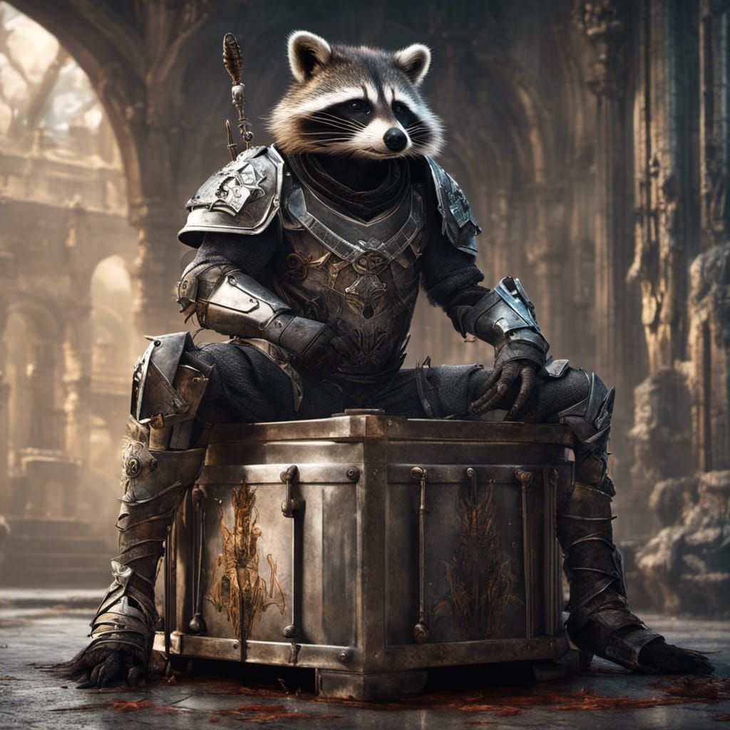 Raccoon Warrior on Spider Bin, Fantasy Concept Art
