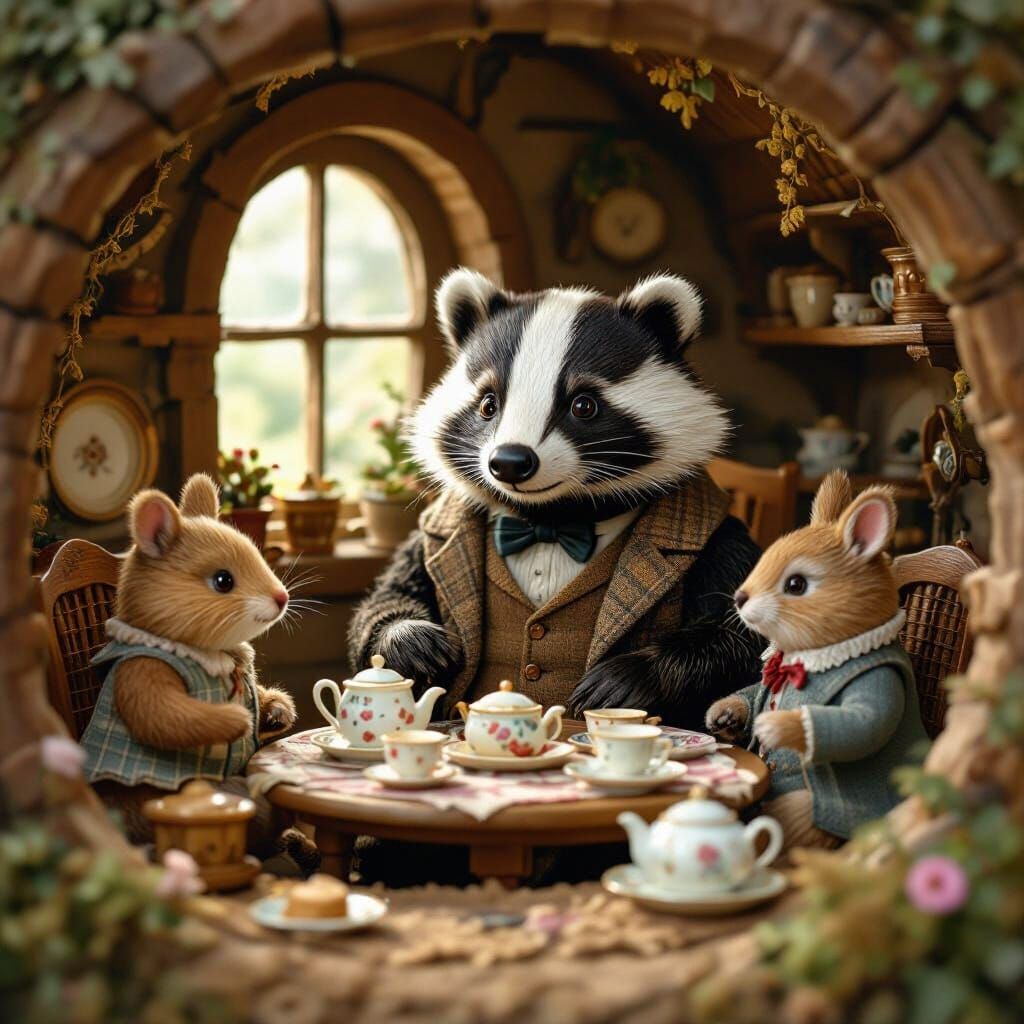 Badger Hosts Woodland Friends for Tea in Cozy Burrow