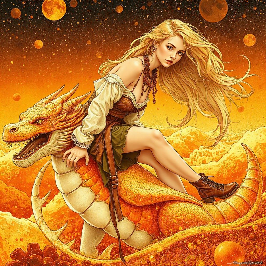 Woman on Gummy Dragon in Effervescent Soda Sea