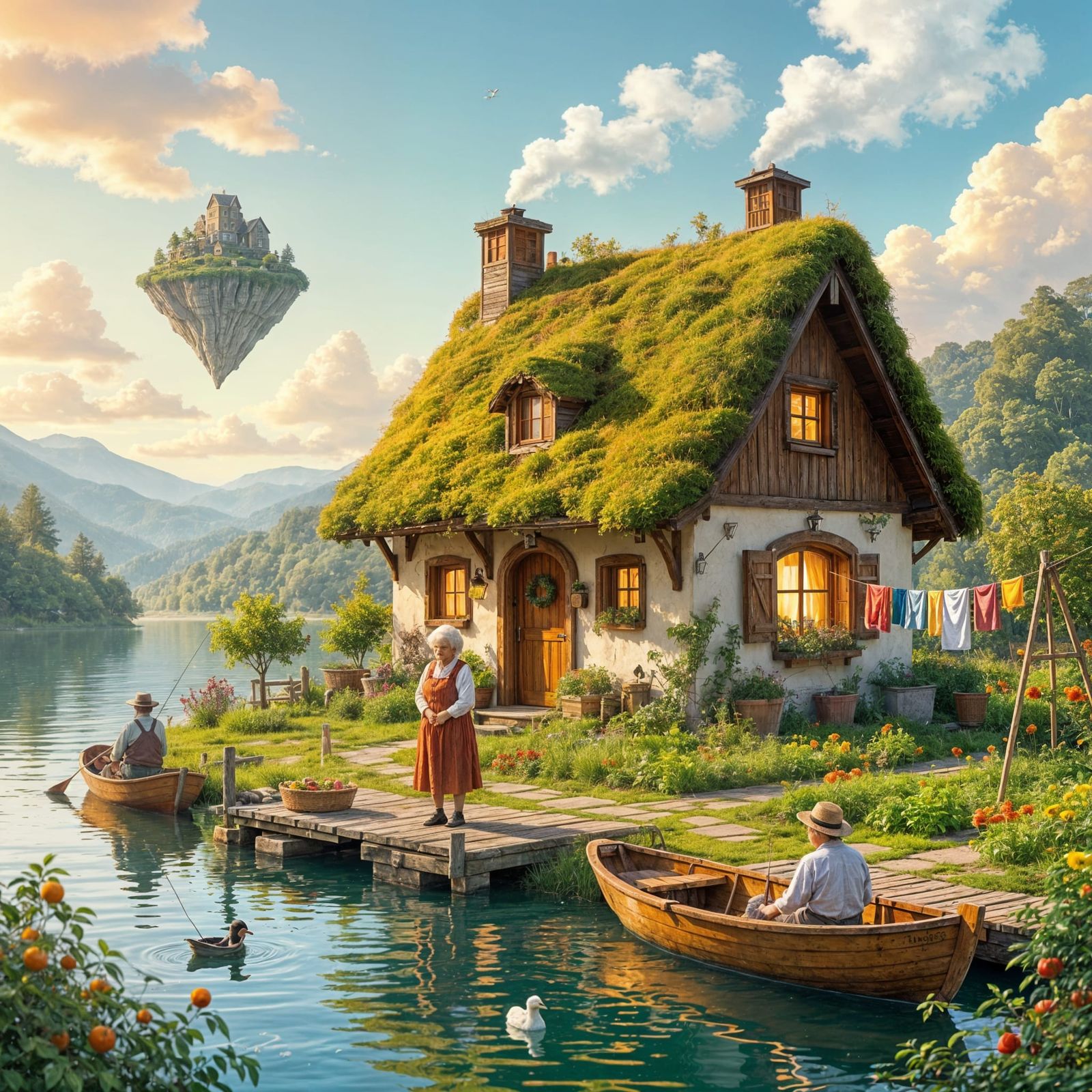 Idyllic Sunrise Scene on a Floating Island