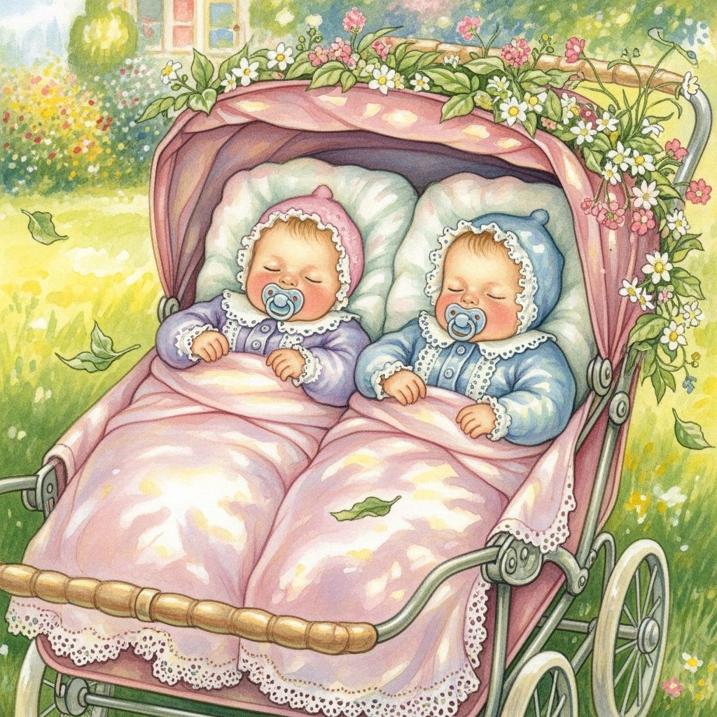 Twins in Stroller, Pastel Colors, Painterly Impression