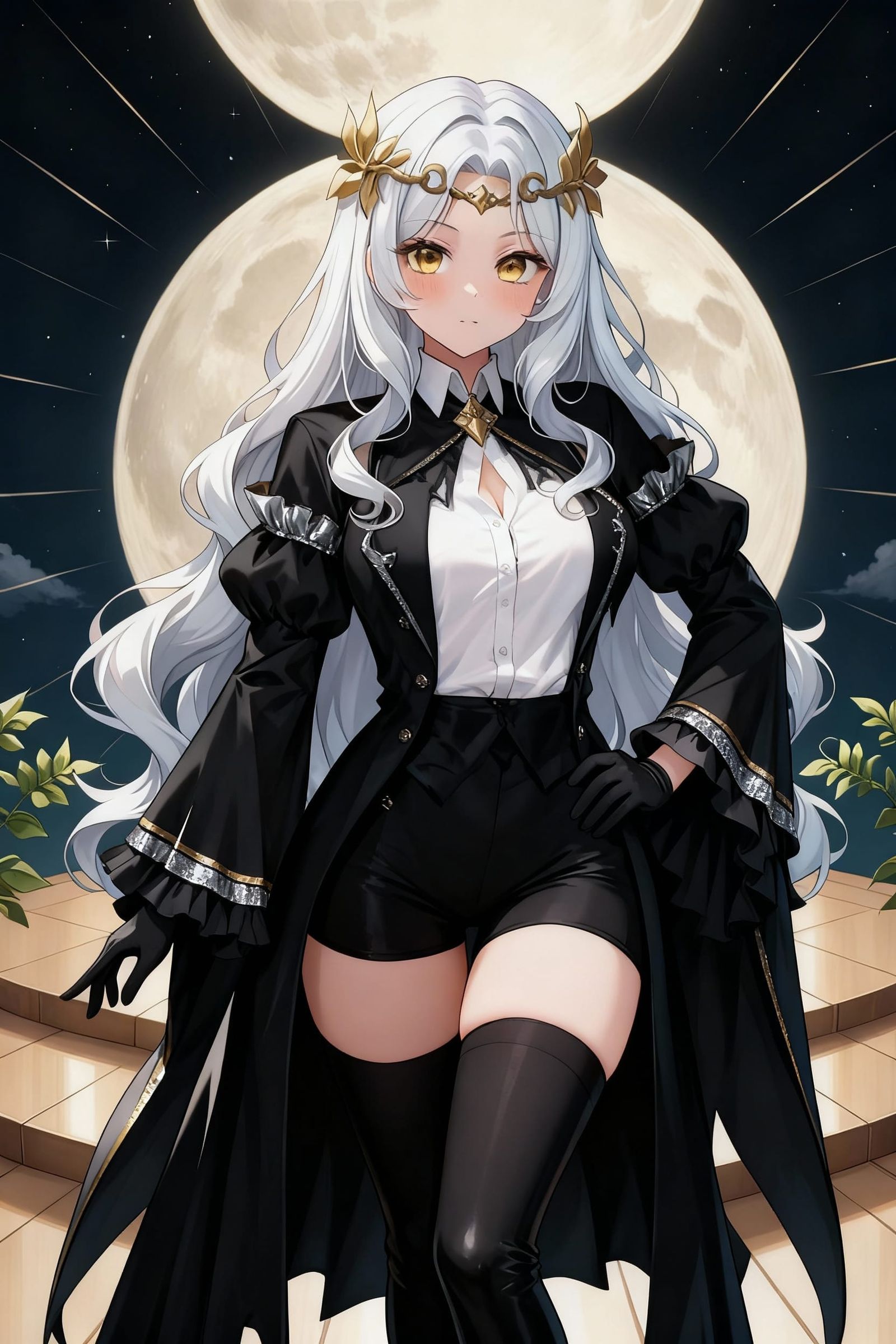 White-Haired Woman in Gothic Coat Under the Moon