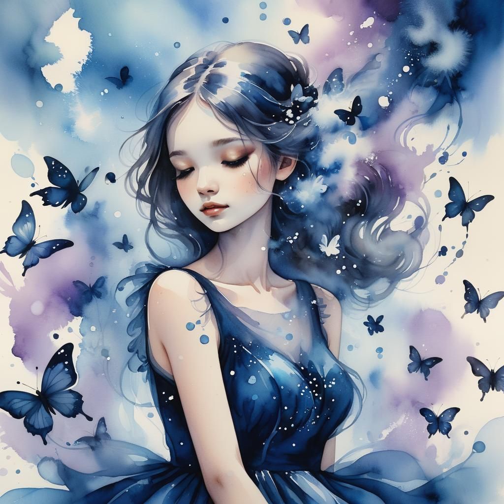Girl in Blue Dress: Whimsical Watercolor Painting