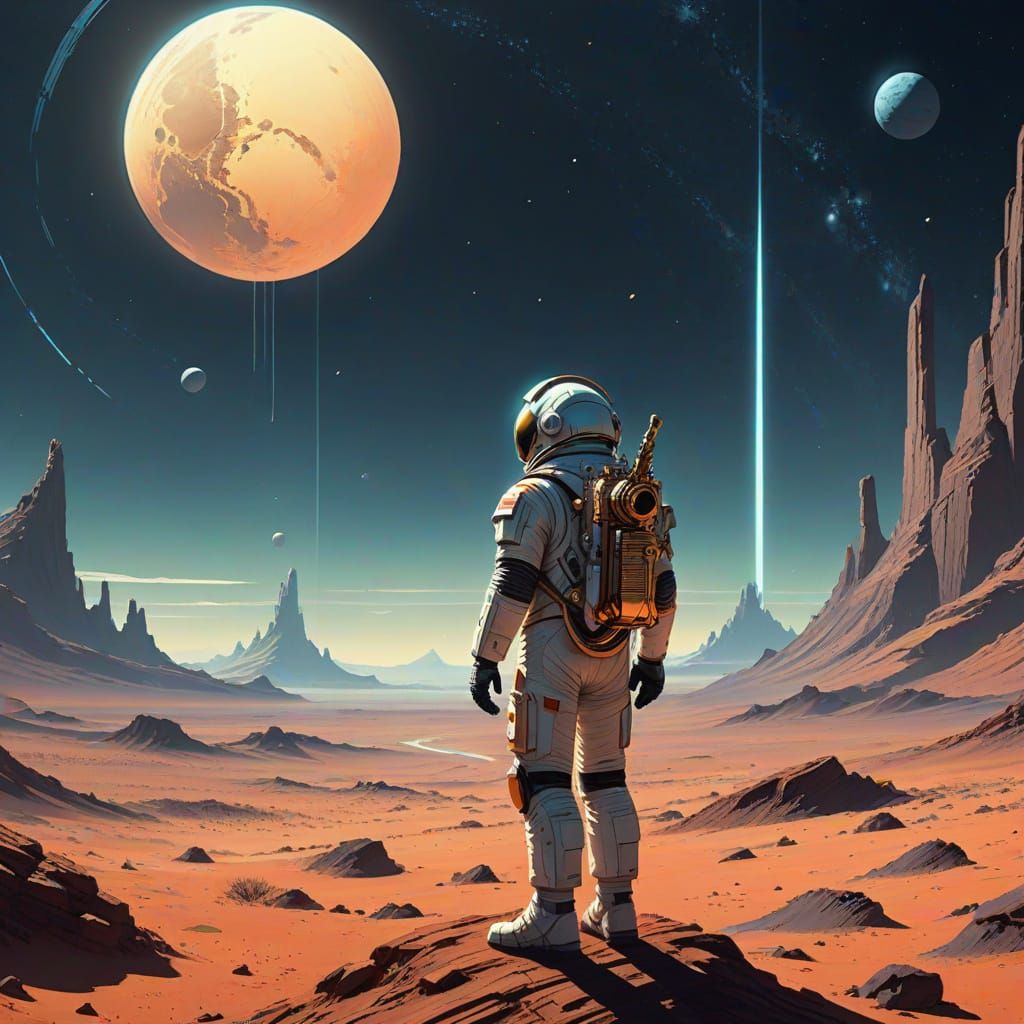 Astronaut Plays Mournful Saxophone on Barren, Windswept Plan...